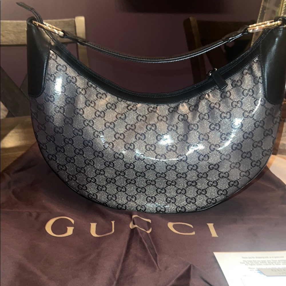 ✨❤️Gucci Black and Gray Shoulder Bag with Monogram Pattern Crystal Coated